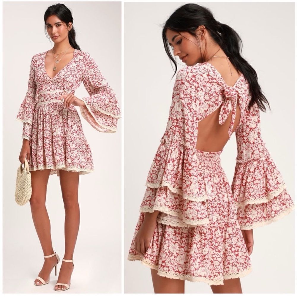 Free People Kristall Berry Red Floral Print Bell Sleeve Mini Dress size large